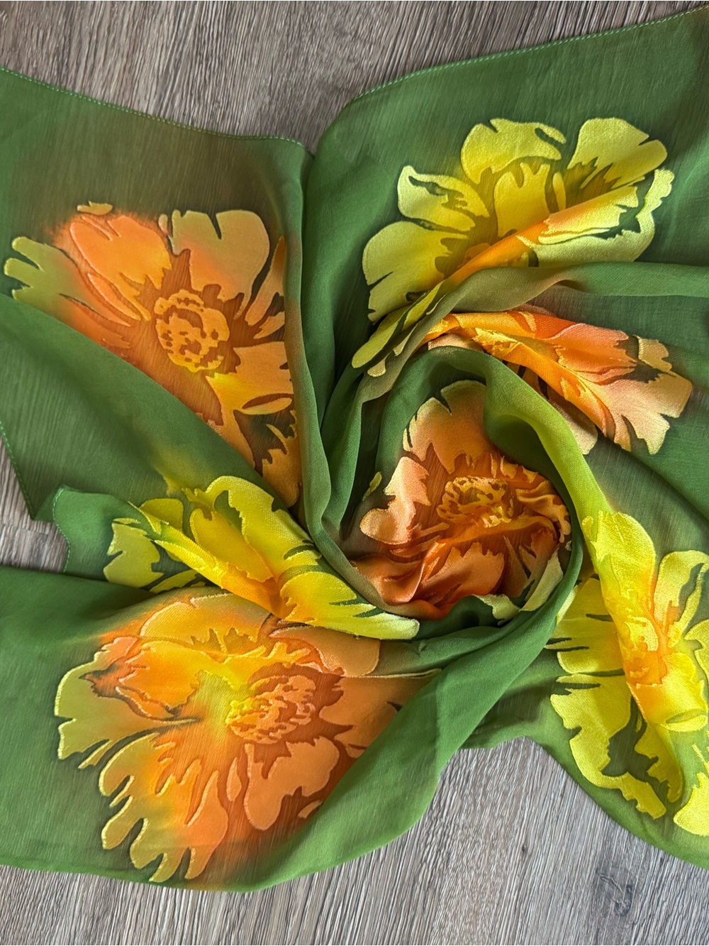 Green Floral Silk Scarf with Yellow-Orange Blooms